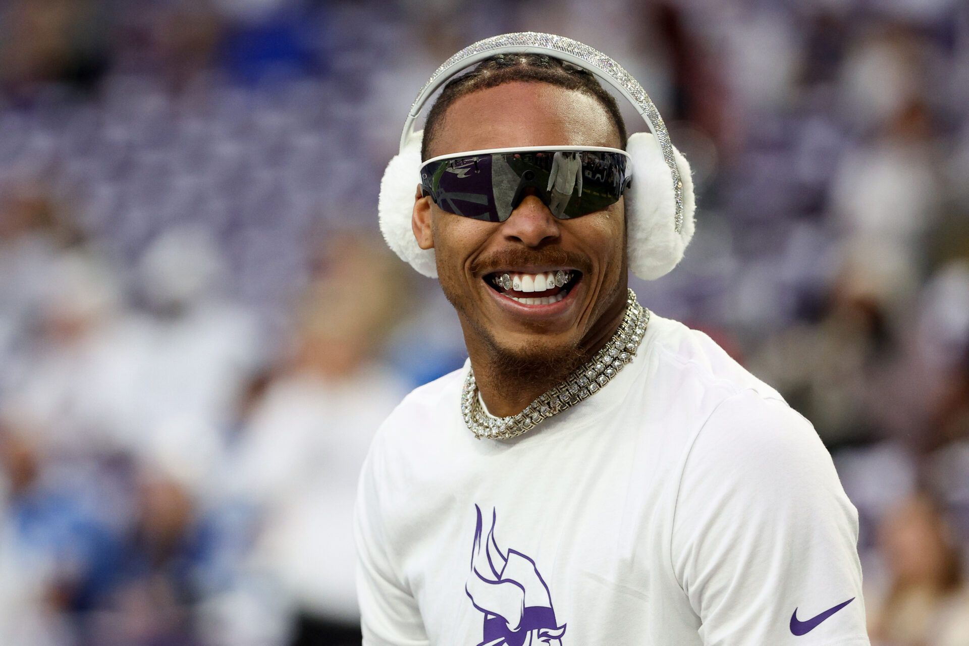 Minnesota Vikings wide receiver Justin Jefferson (18) looks on during warmups before the game against the Detroit Lions at U.S. Bank Stadium.