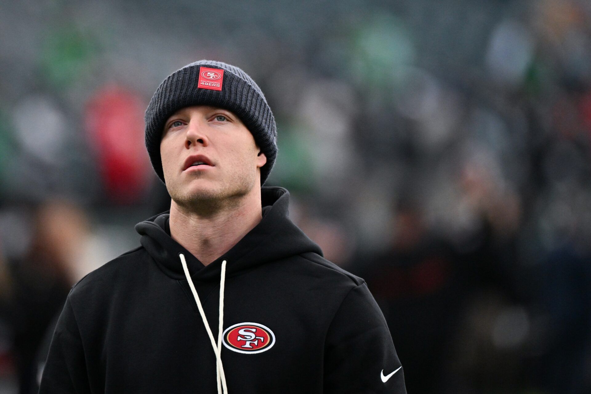 San Francisco 49ers running back Christian McCaffrey (23) looks on during warmups prior to an NFC Wild Card Round game against the Philadelphia Eagles at Lincoln Financial Field.