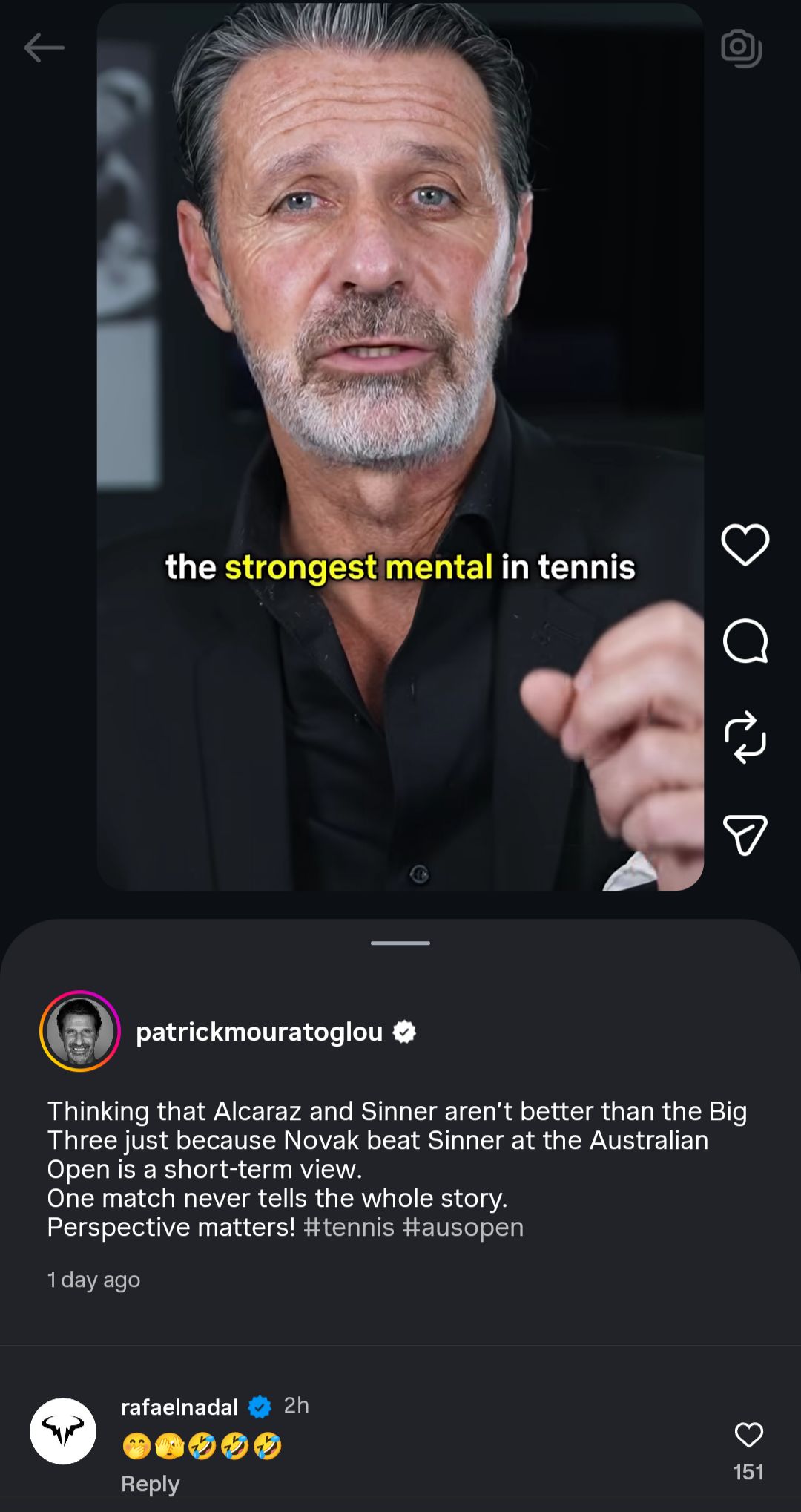 Rafael Nadal's comment under Patrick Mouratoglou's post on Instagram