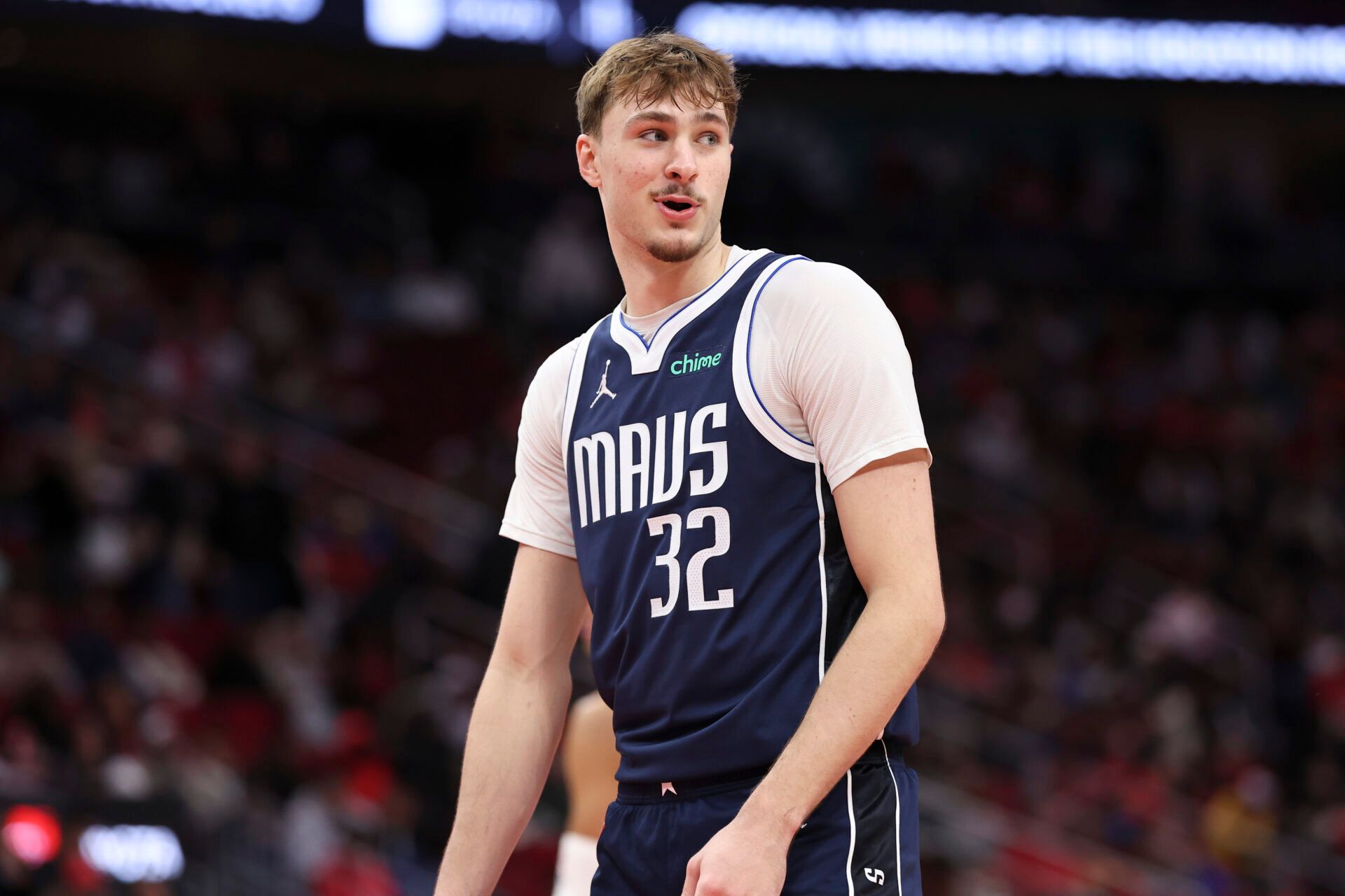 Dallas Mavericks forward Cooper Flagg (32) smiles after a play during the third quarter against the Houston Rockets at Toyota Center.
