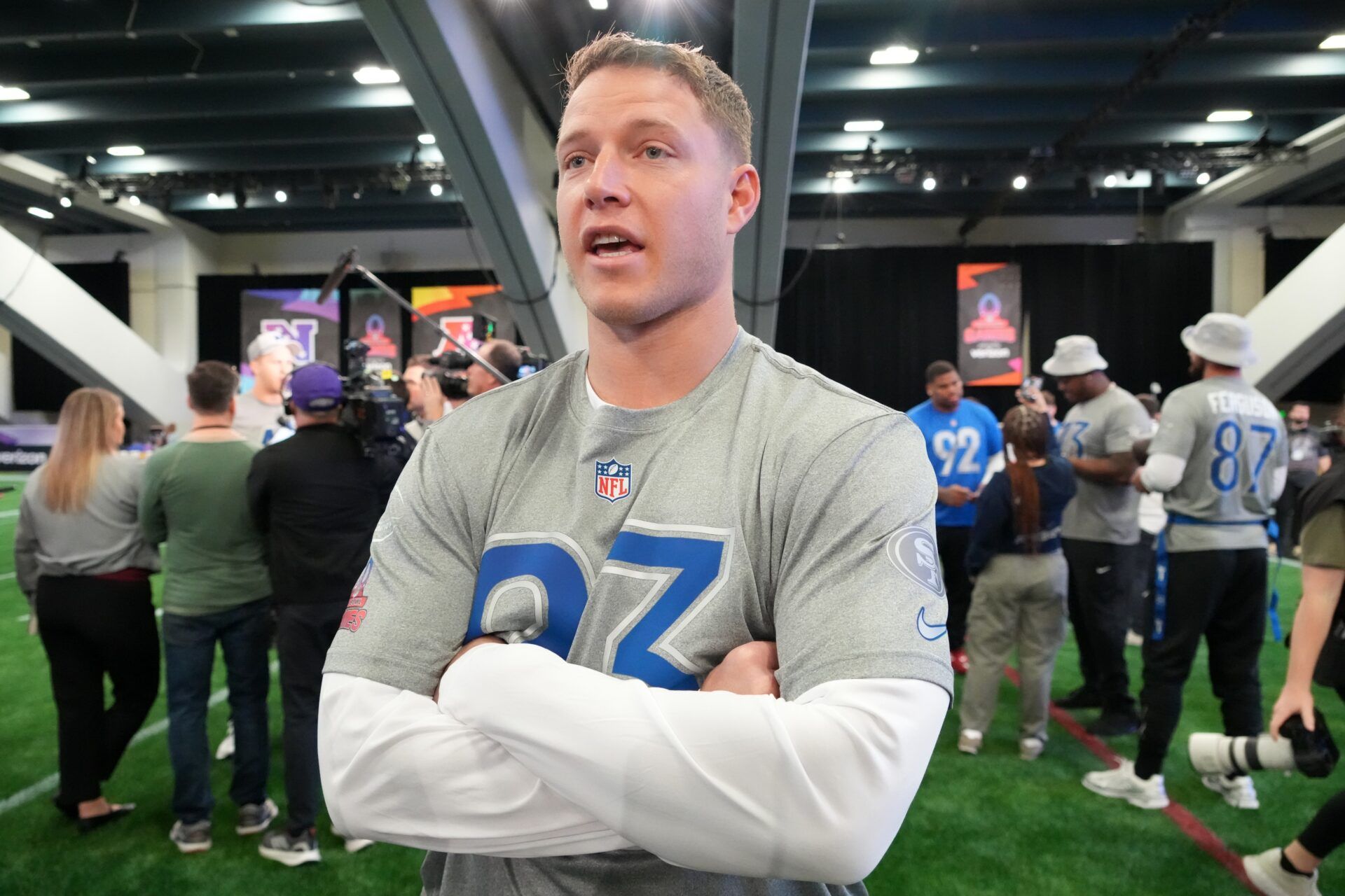 San Francisco 49ers running back Christian McCaffrey (23) during NFC practice at the NFL Flag Fieldhouse at Moscone Center South Building.