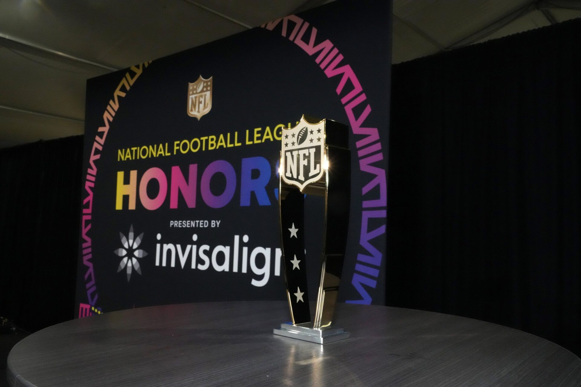 A NFL shield logo trophy at the NFL Honors show at Resorts World Theatre.