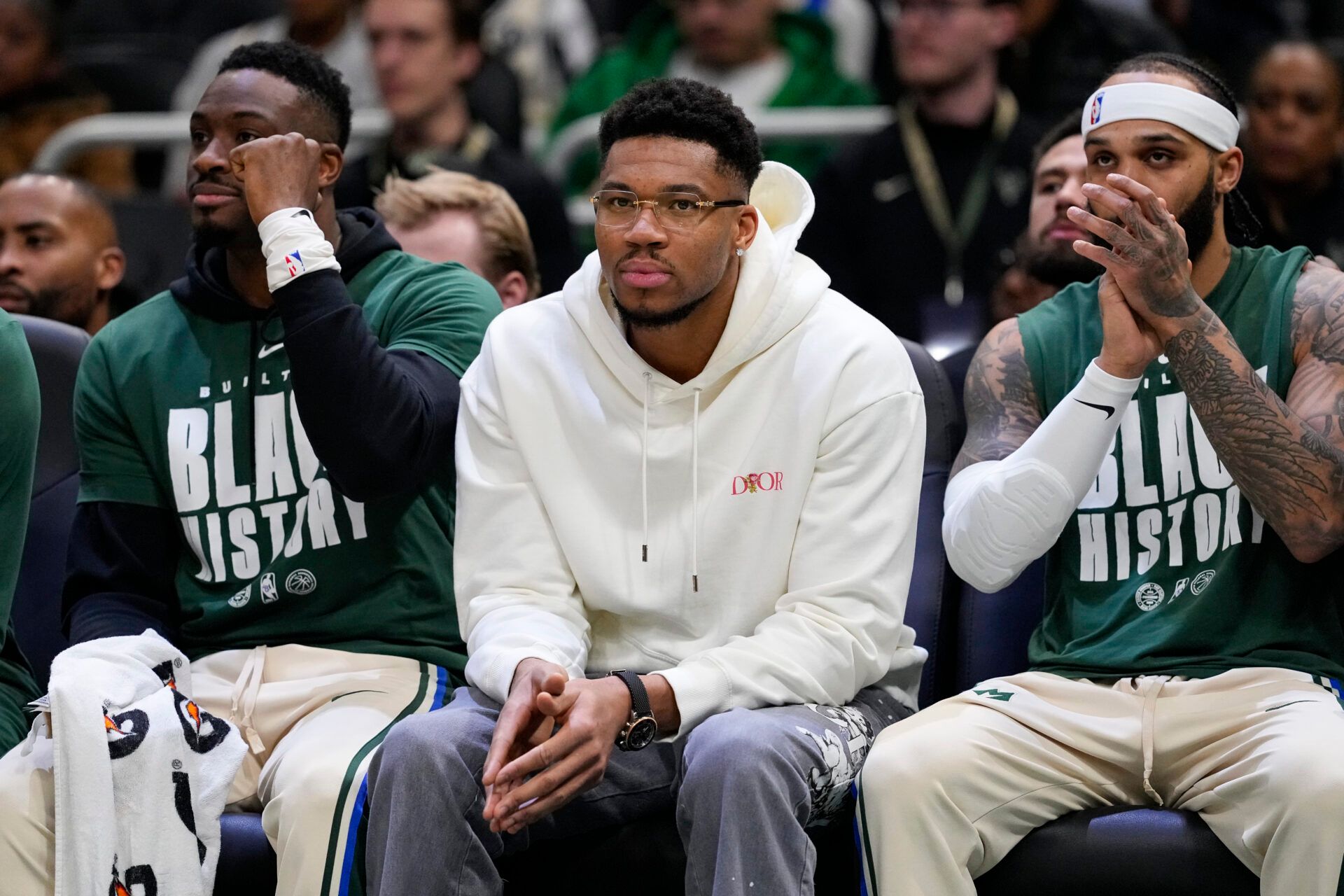 Milwaukee Bucks forward Giannis Antetokounmpo looks on from the bench during the first quarter against the New Orleans Pelicans at Fiserv Forum.