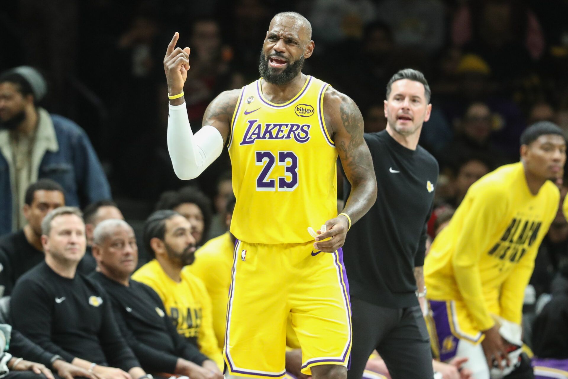 Los Angeles Lakers forward LeBron James (23) signals for a video review in the third quarter against the Brooklyn Nets at Barclays Center.