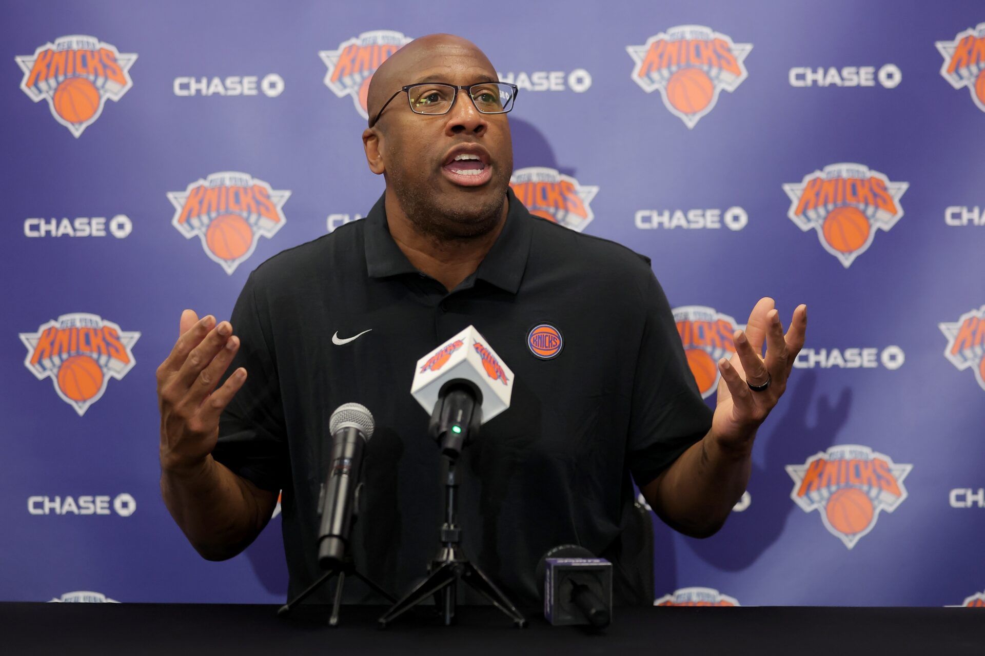 New York Knicks head coach Mike Brown speaks to the media during a media day press conference at the Madison Square Garden training center.