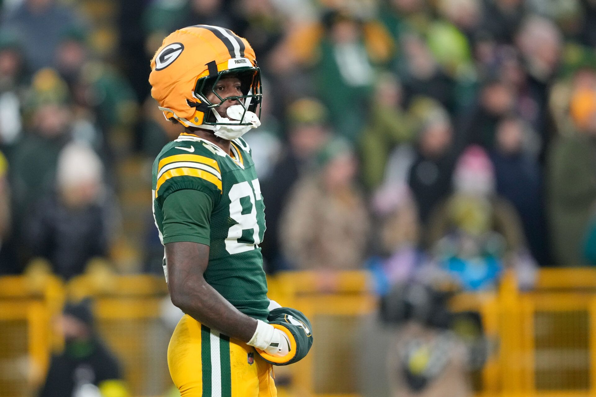 Green Bay Packers wide receiver Romeo Doubs (87) looks on during the third quarter against the Baltimore Ravens at Lambeau Field.