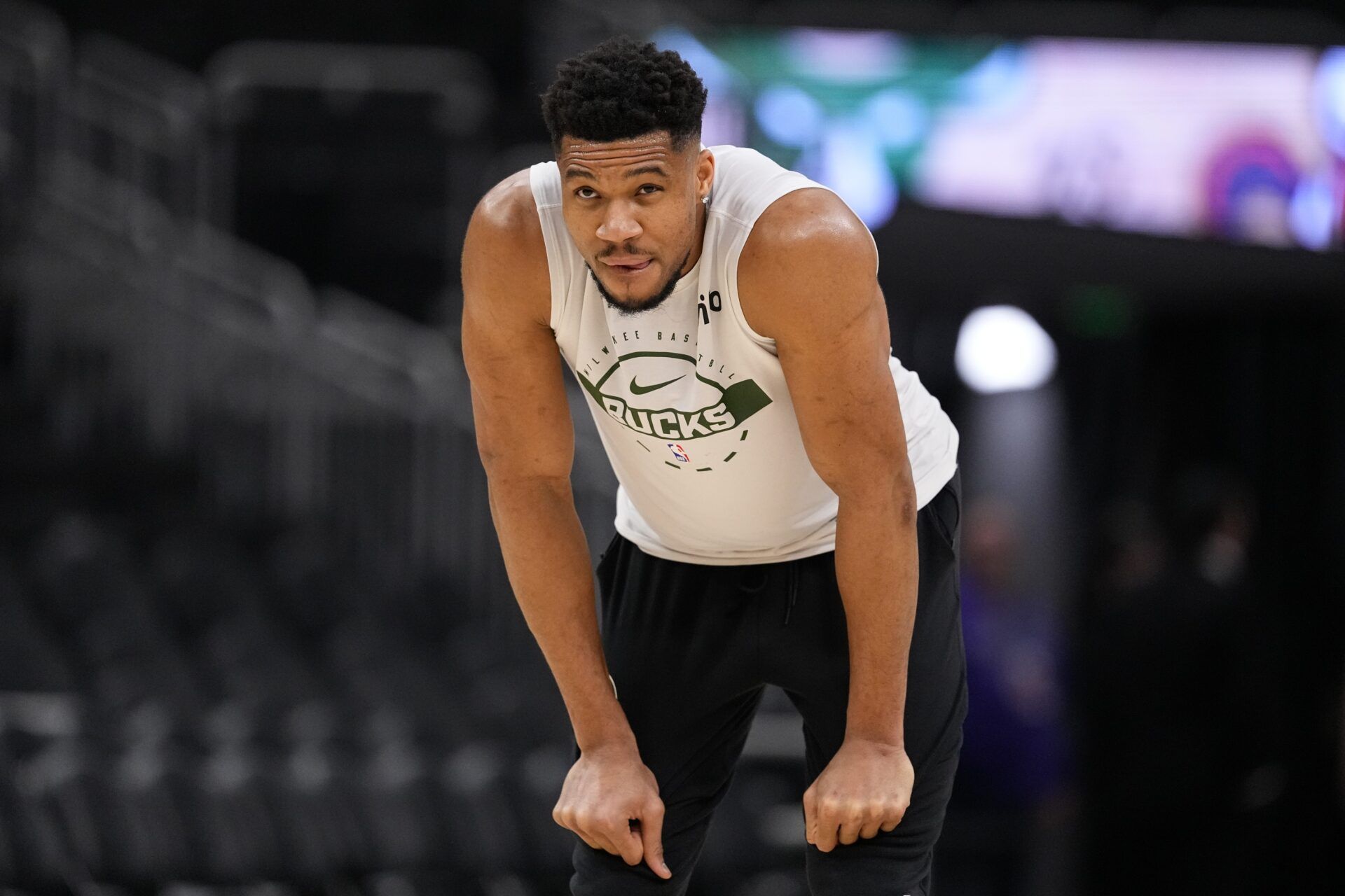 Milwaukee Bucks forward Giannis Antetokounmpo (34) during warmups prior to the game against the New Orleans Pelicans at Fiserv Forum.