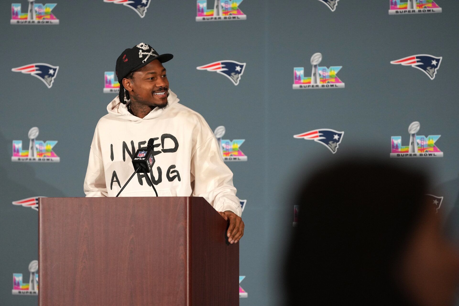 New England Patriots wide receiver Stefon Diggs (8) speaks to the media at the Santa Clara Marriott.