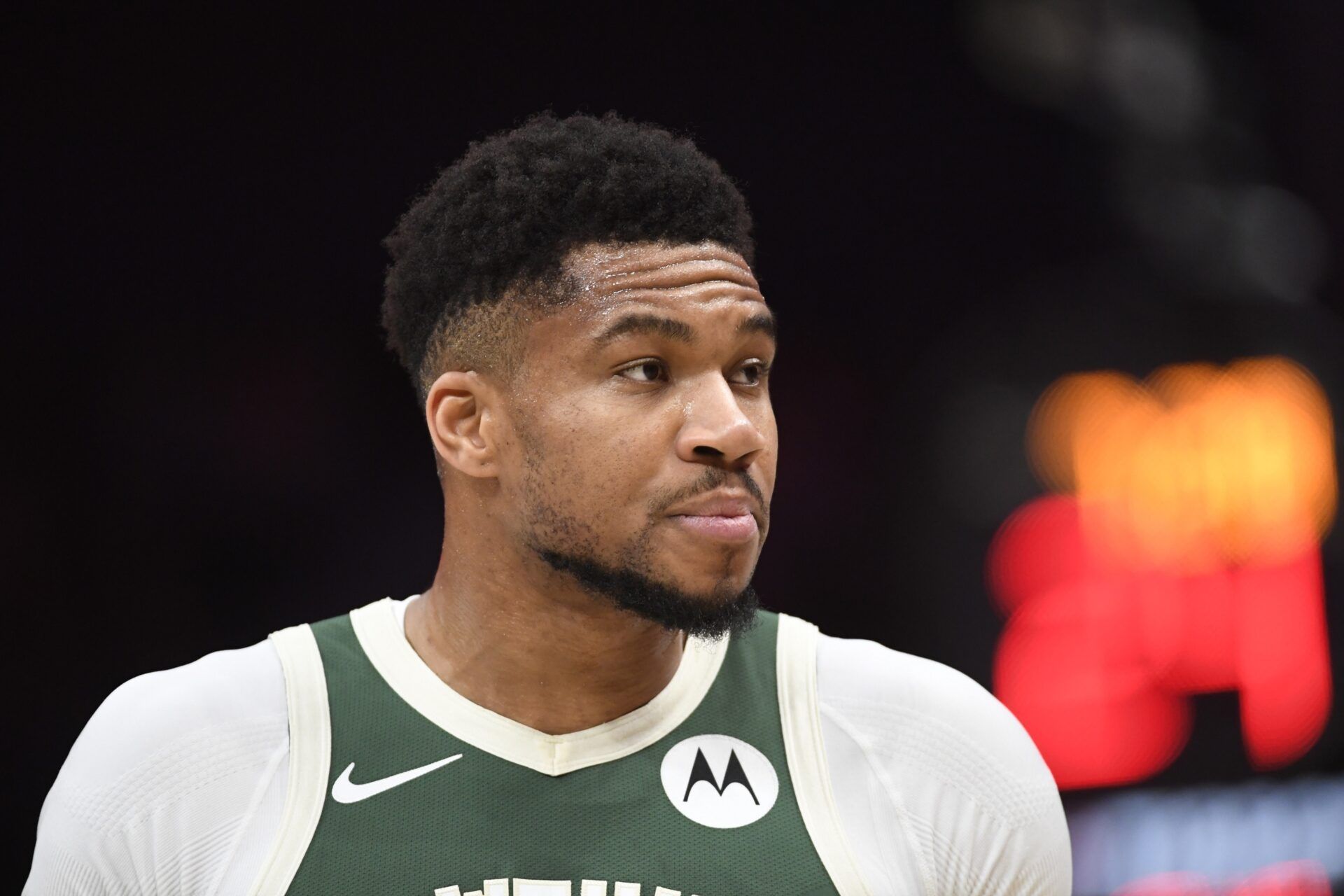 Milwaukee Bucks forward Giannis Antetokounmpo (34) in a time out during the first half agains the Charlotte Hornets at the Spectrum Center.