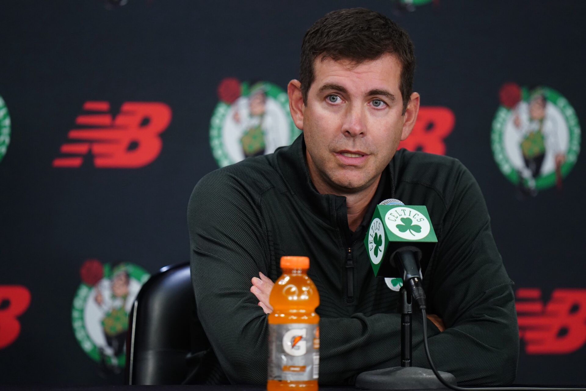 Boston Celtics president of basketball operations Brad Stevens talks to reporters during media day at the Auerbach Center.