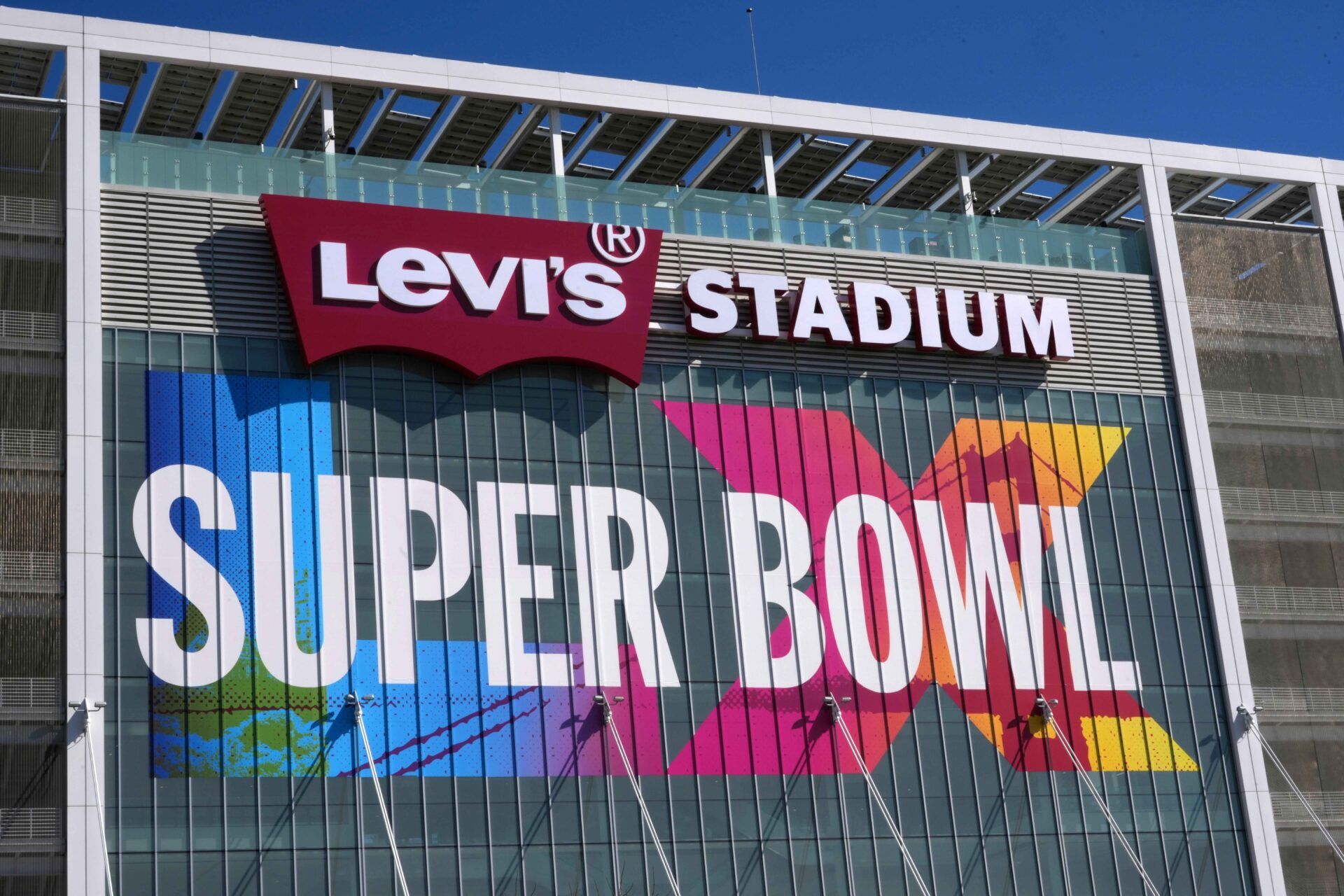 Super Bowl LX signage on the Levi's Stadium facade.
