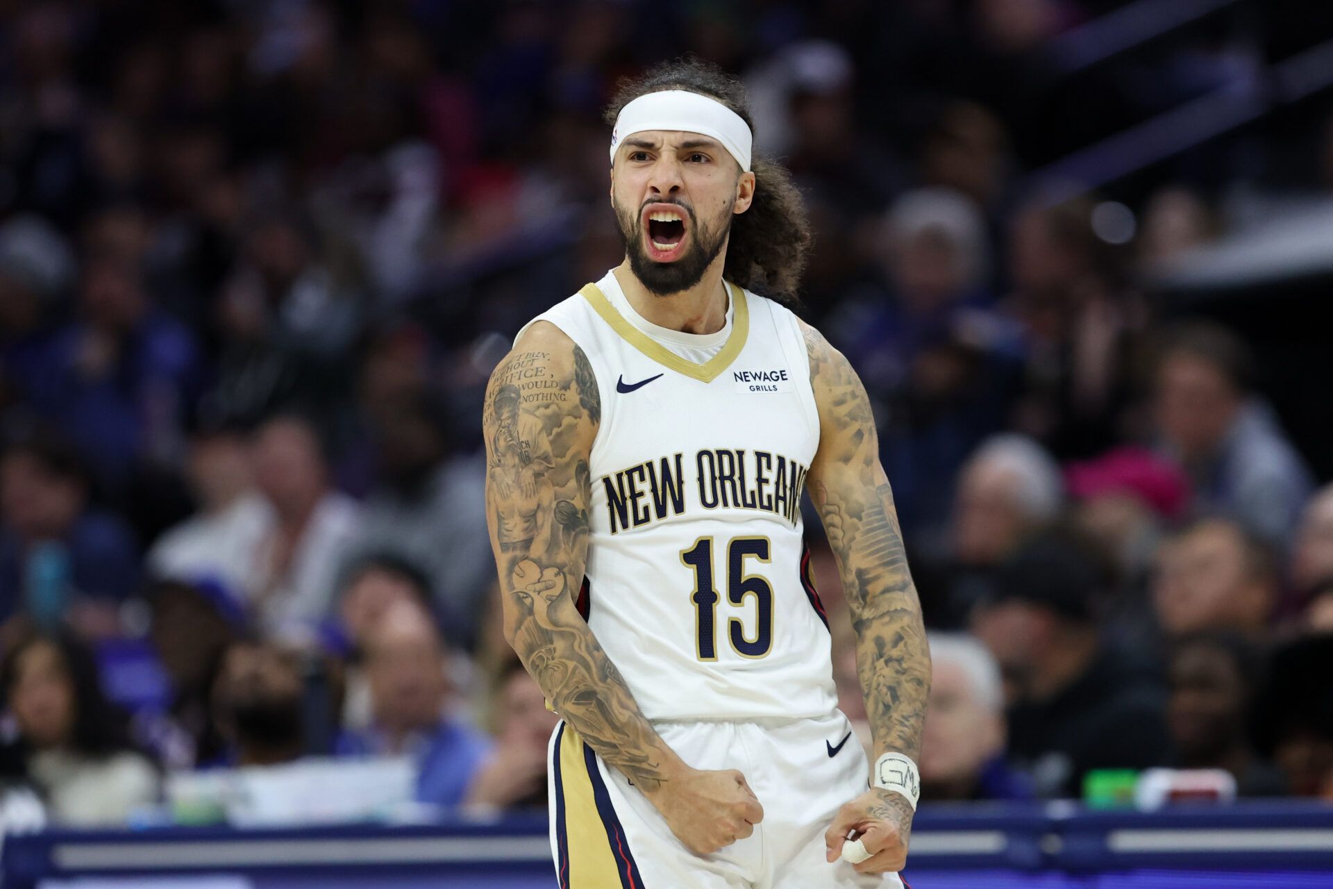 New Orleans Pelicans guard Jose Alvarado (15) reacts to his three pointer against the Philadelphia 76ers during the fourth quarter at Xfinity Mobile Arena.