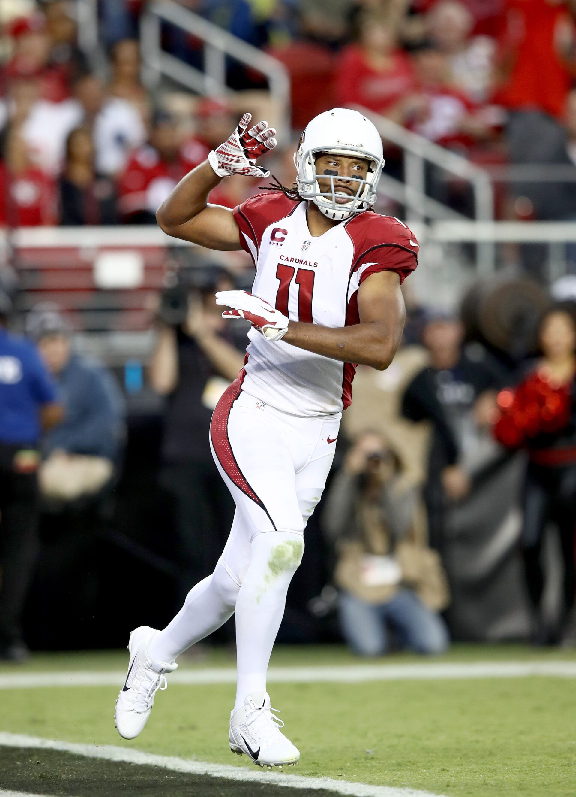 SANTA CLARA, CA - OCTOBER 06:  Larry Fitzgerald #11 of the Arizona Cardinals reacts during their game against the San Francisco 49ers at Levi's Stadium on October 6, 2016 in Santa Clara, California.  (Photo by Ezra Shaw/Getty Images)