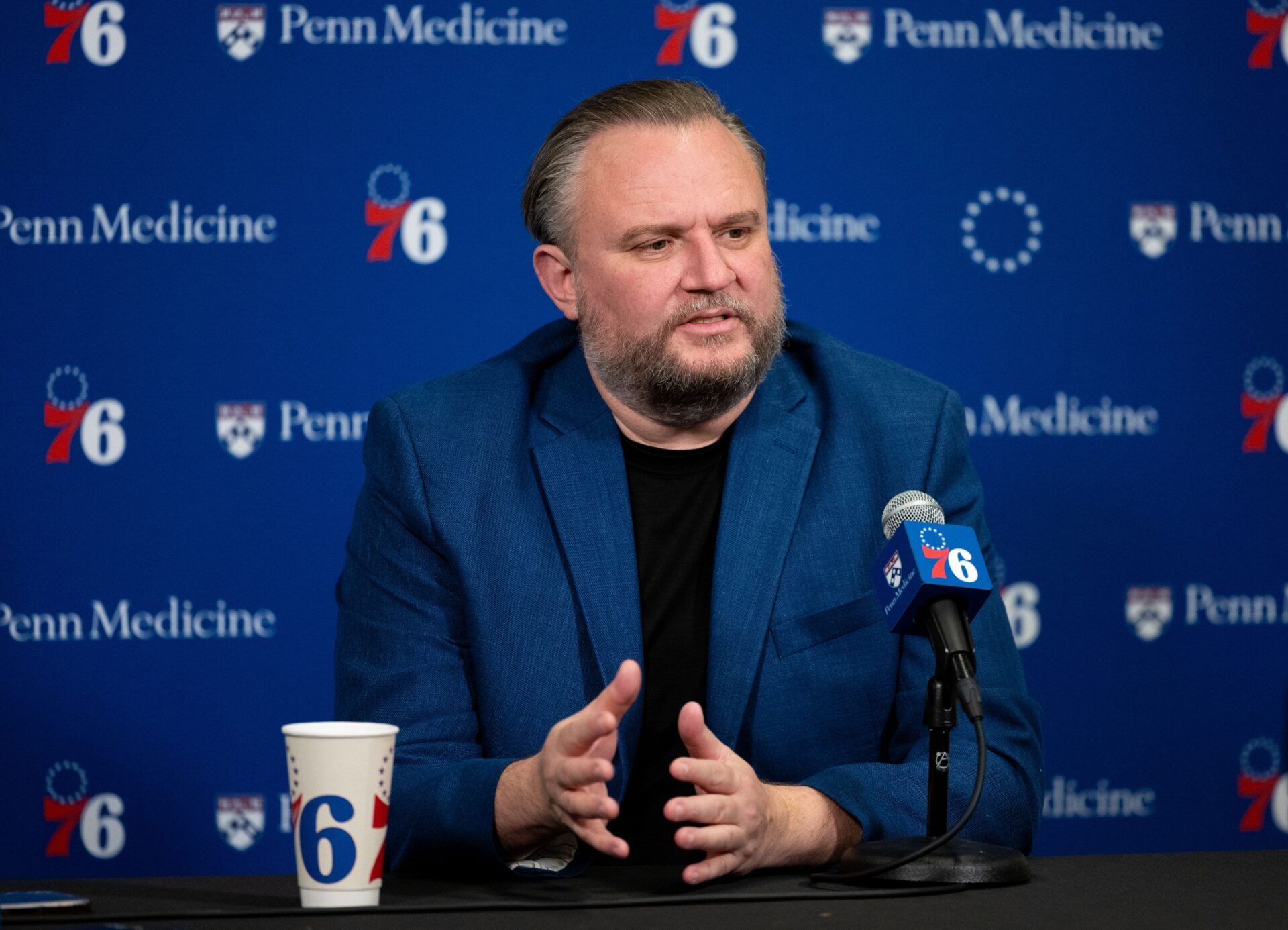 Philadelphia 76ers resident of Basketball Operations Daryl Morey speaks with the media before a game against the Detroit Pistons at Wells Fargo Center.