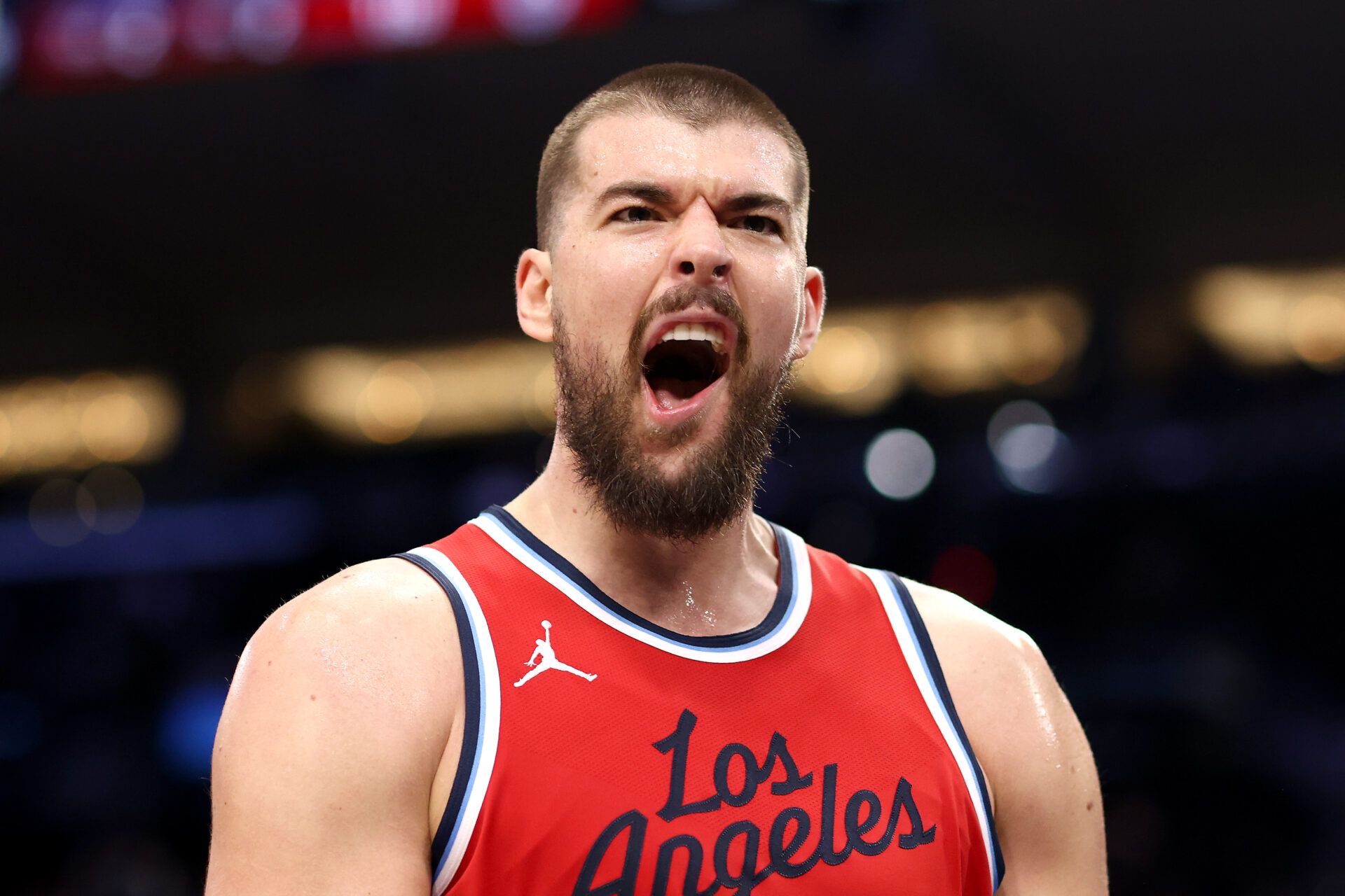 INGLEWOOD, CALIFORNIA - MARCH 18: Ivica Zubac #40 of the Los Angeles Clippers reacts after a dunk during the fourth quarter against the Cleveland Cavaliers at Intuit Dome on March 18, 2025 in Inglewood, California. NOTE TO USER: User expressly acknowledges and agrees that, by downloading and or using this photograph, User is consenting to the terms and conditions of the Getty Images License Agreement. (Photo by Katelyn Mulcahy/Getty Images)
