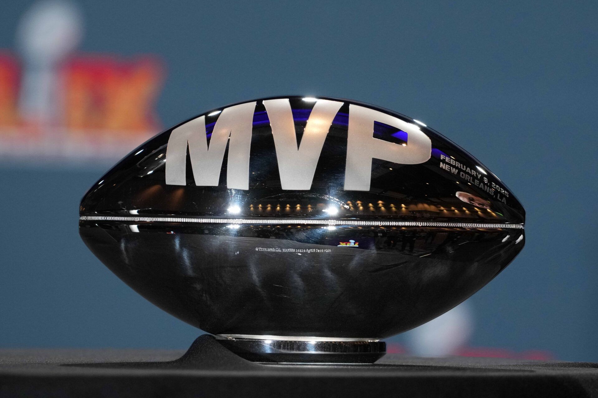 The Super Bowl MVP trophy at the Super Bowl LIX Winning Head Coach and Most Valuable Player press conference at the Ernest N. Morial Convention Center.