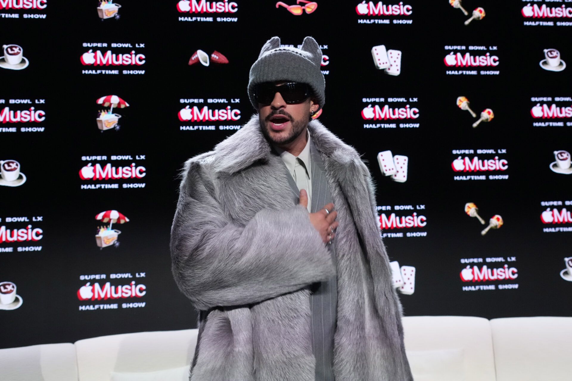 Bad Bunny during the Super Bowl LX halftime show press conference at Moscone Center.