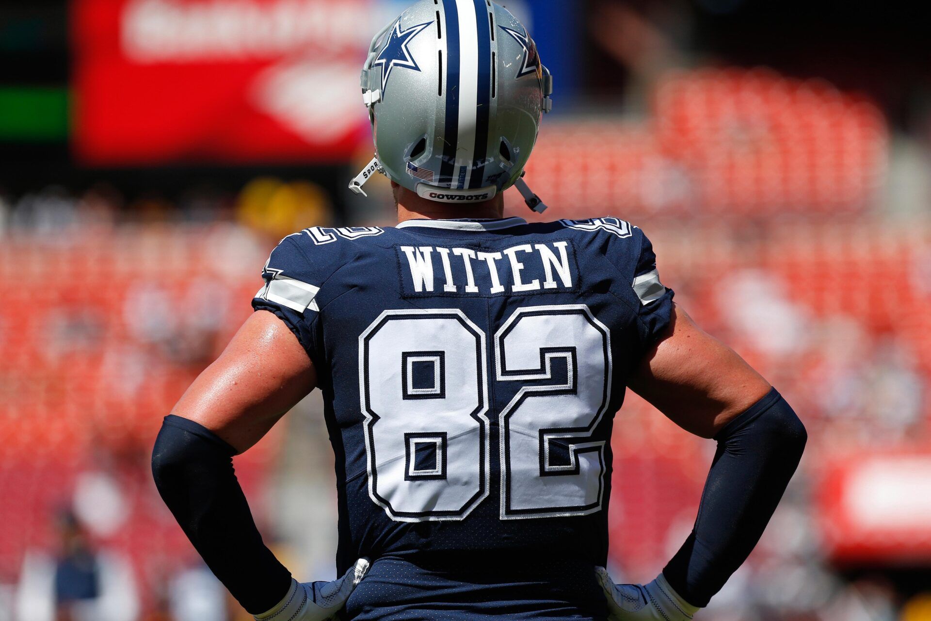 Dallas Cowboys tight end Jason Witten (82) stands on the field during warmups prior to the Cowboys’ game against the Washington Redskins at FedExField.