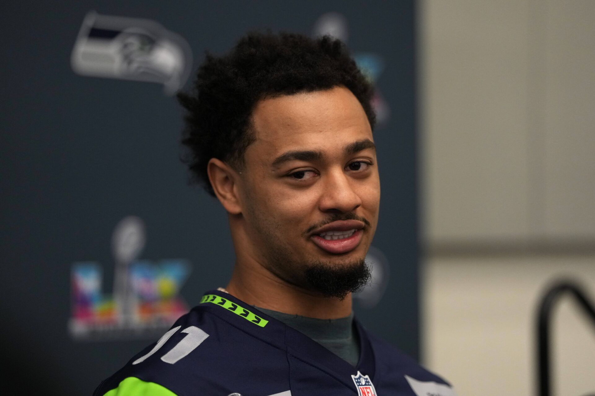 Seattle Seahawks wide receiver Jaxon Smith-Njigba (11) talks to media members at the San Jose Marriott.