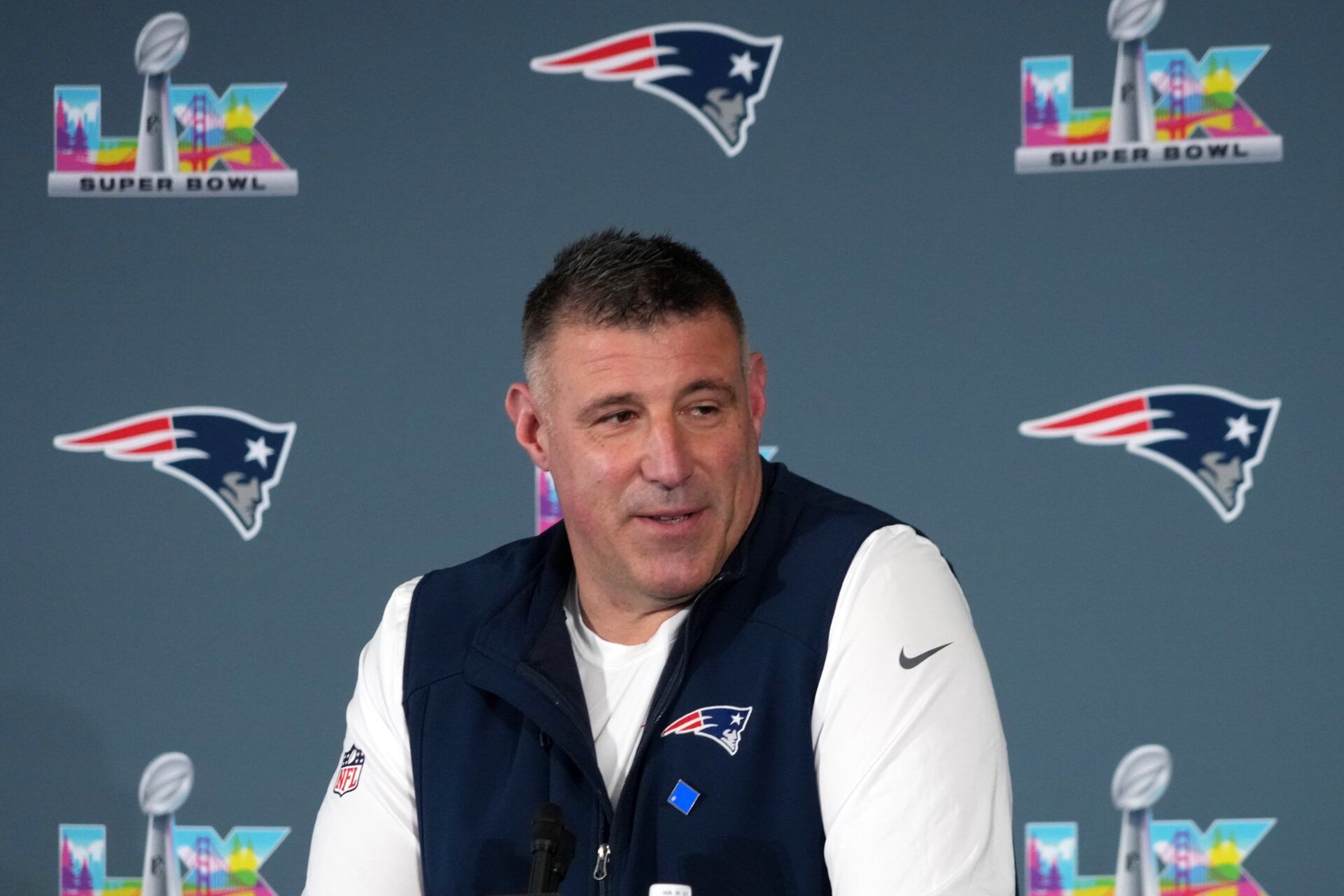 New England Patriots head coach Mike Vrabel speaks to the media during Super Bowl LX press conference at Santa Clara Marriott.