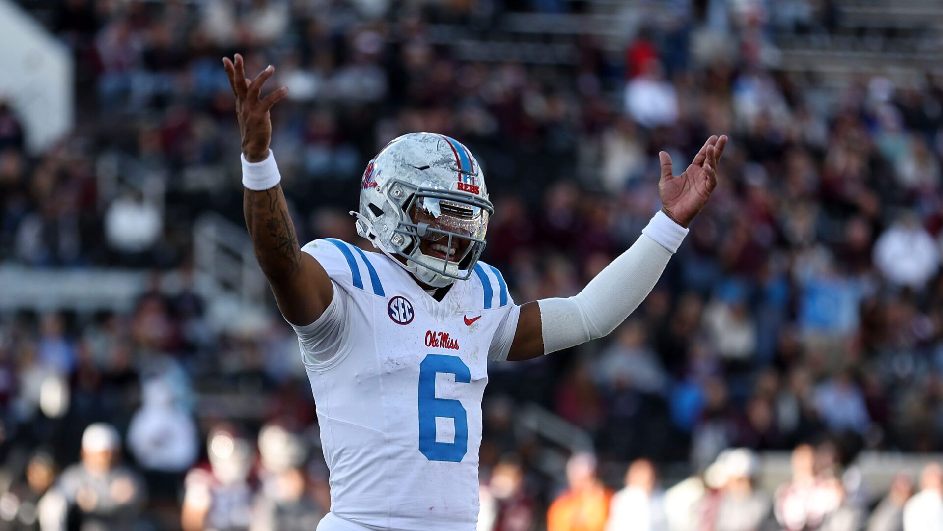 STARKVILLE, MISSISSIPPI - NOVEMBER 28: Trinidad Chambliss #6 of the Mississippi Rebels reacts during the second half against the Mississippi State Bulldogs at Davis Wade Stadium on November 28, 2025 in Starkville, Mississippi. (Photo by Justin Ford/Getty Images)
