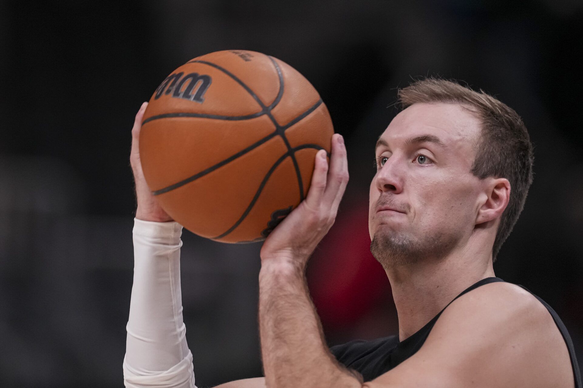 Atlanta Hawks guard Luke Kennard (3) shown warming up on the court prior to the game against the New Orleans Pelicans at State Farm Arena.