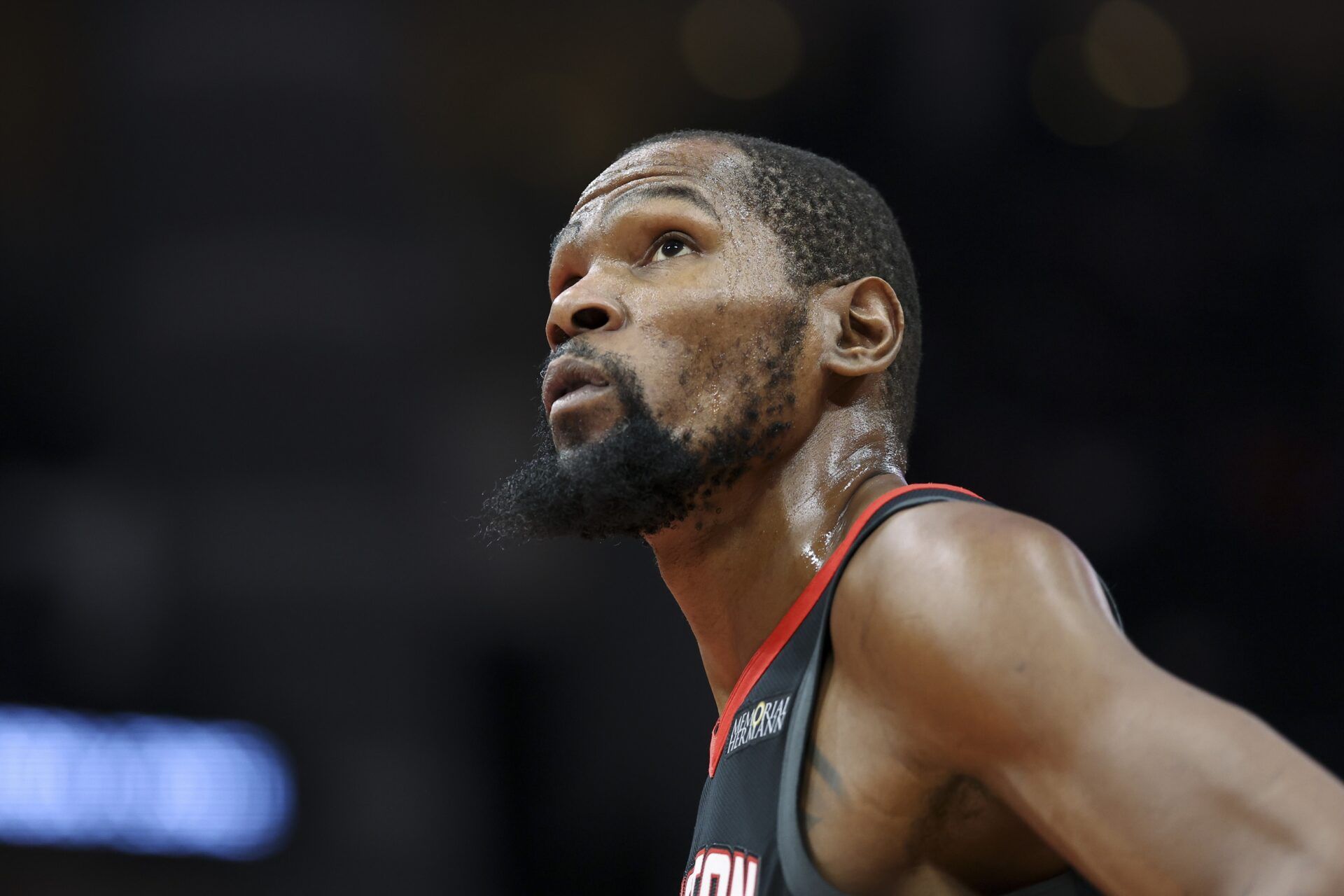 Houston Rockets forward Kevin Durant (7) looks up during the third quarter against the Boston Celtics at Toyota Center.