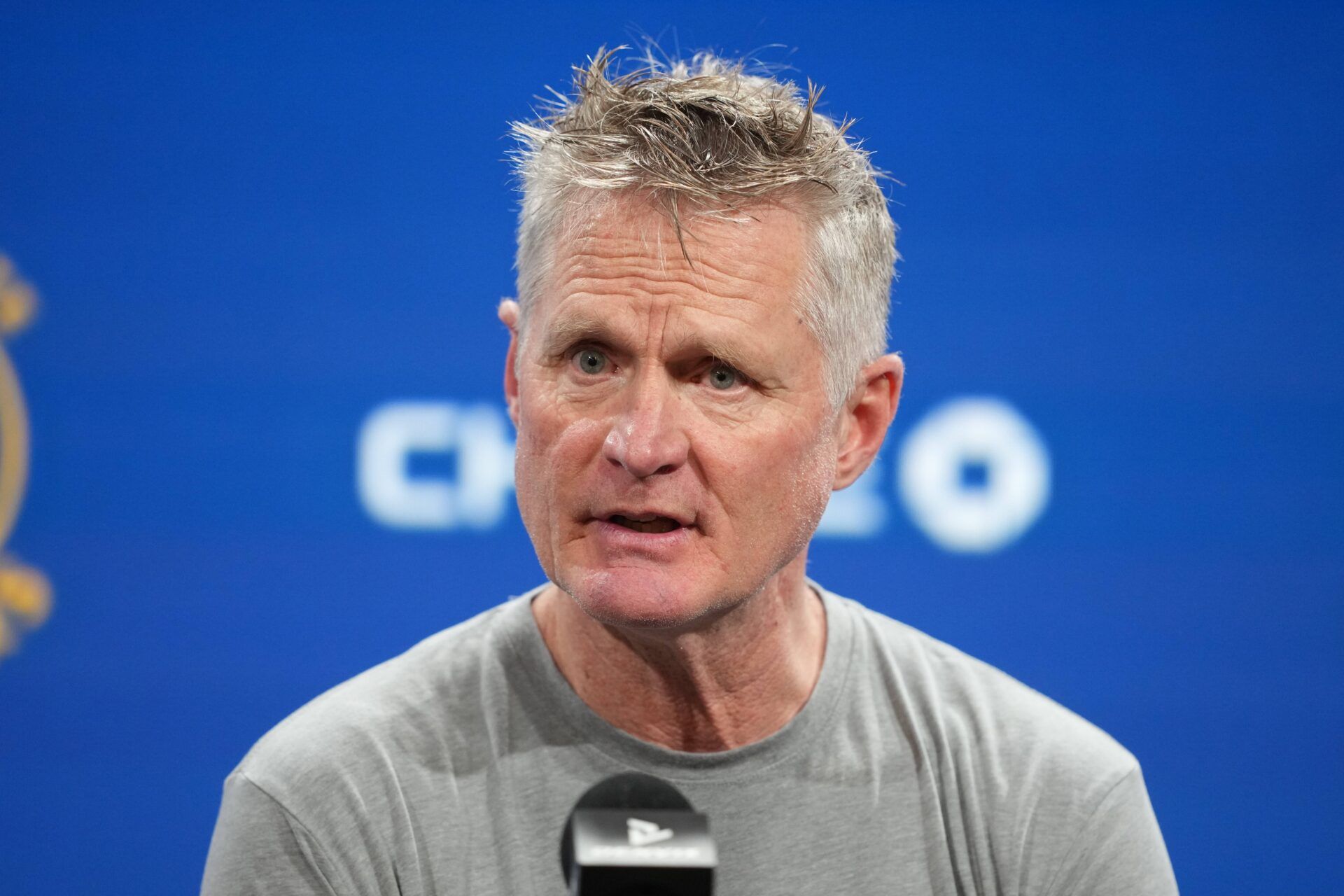 Golden State Warriors head coach Steve Kerr talks to media members before the game against the Oklahoma City Thunder at Chase Center.
