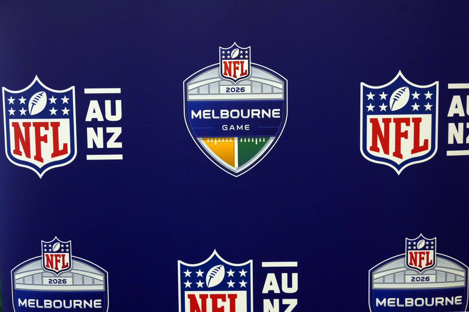 The logo for the 2026 NFL Melbourne game at the Super Bowl LX media center at the Moscone Center.