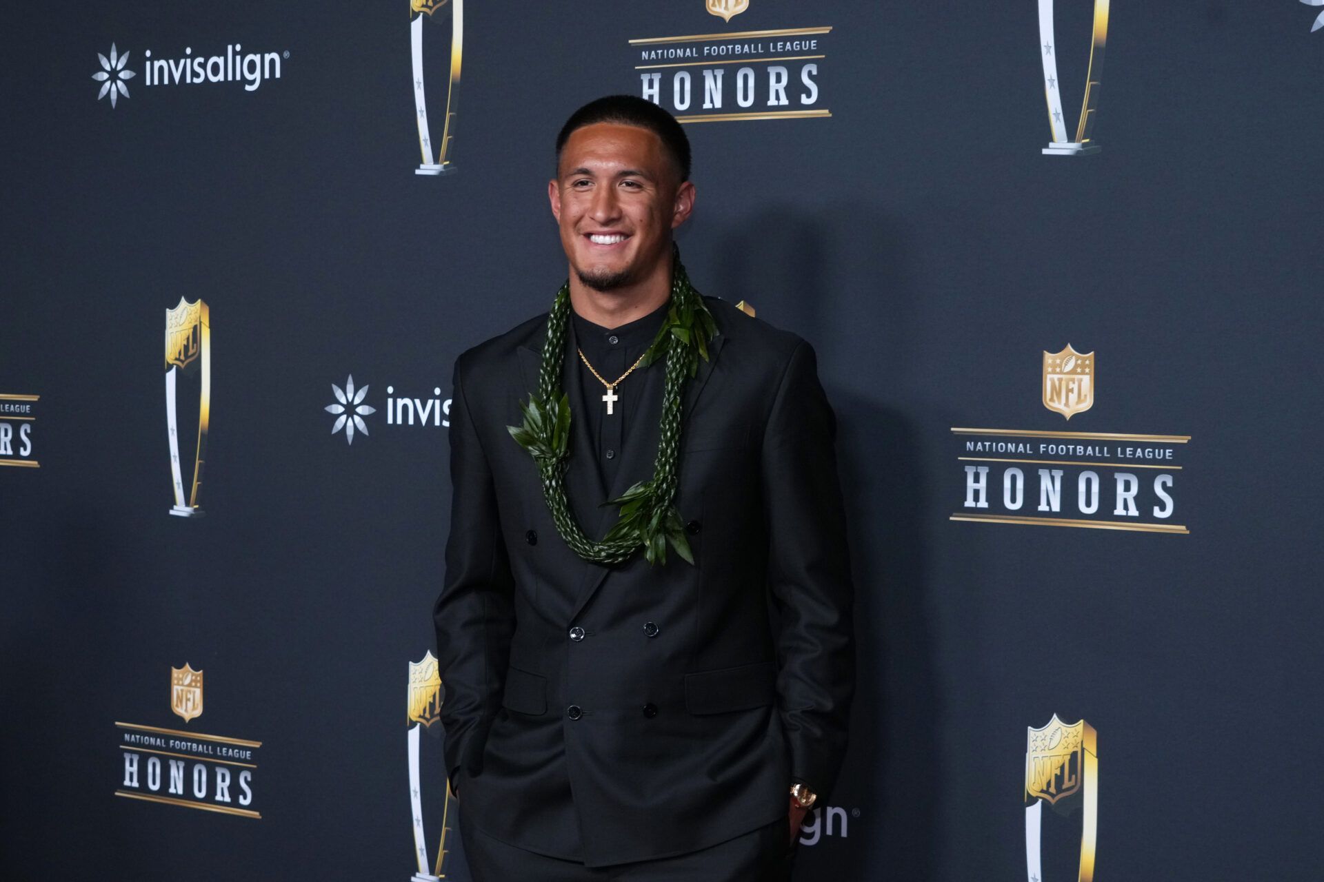 Tetairoa McMillan on the NFL Honors Red Carpet before Super Bowl LX at Palace of Fine Arts.