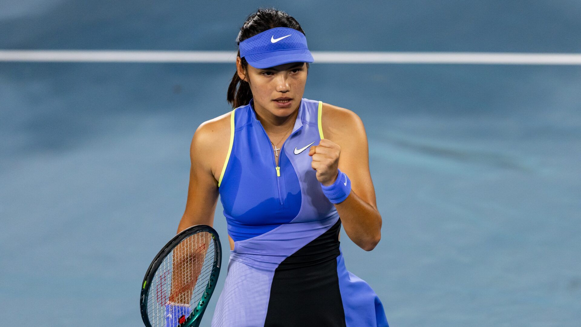 Emma Raducanu of United Kingdom celebrates her victory over Mananchaya Sawangkaew of Thailand in the first round of the women’s singles at the Australian Open at Margaret Court Arena in Melbourne Park.