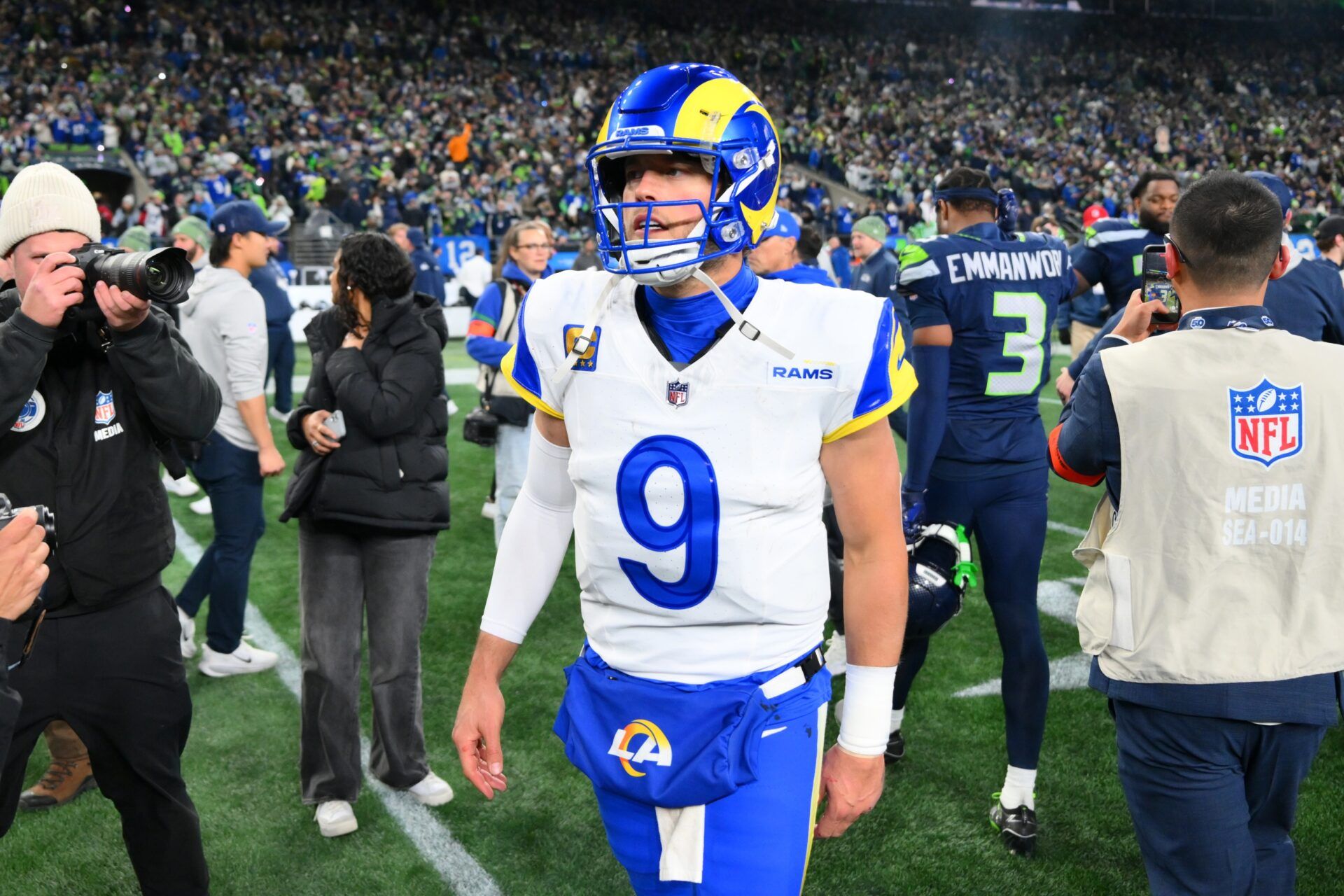 Los Angeles Rams quarterback Matthew Stafford (9) leaves the field after the 2026 NFC Championship Game against the Seattle Seahawks at Lumen Field.