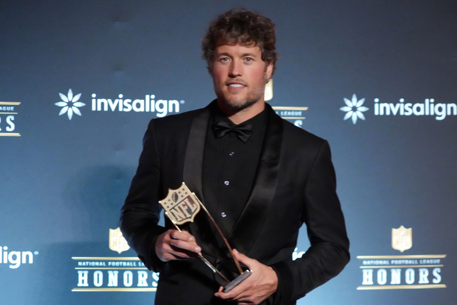 Los Angeles Rams quarterback Matthew Stafford posts with the NFL Honors most valuable player trophy at Palace of Fine Arts.