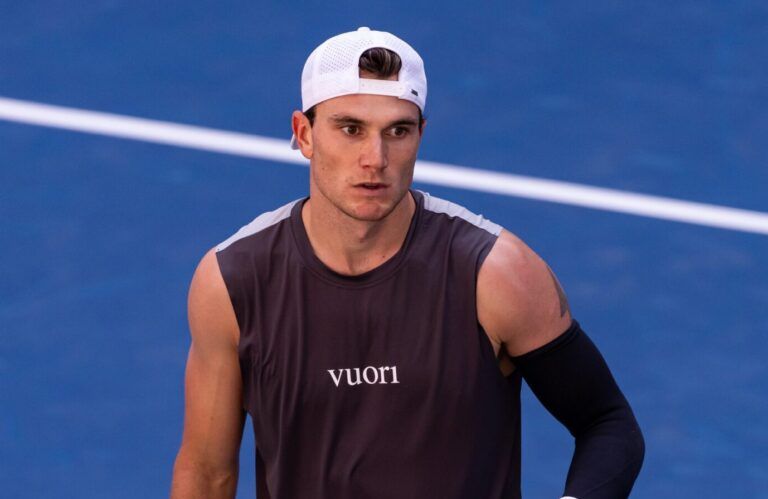 Jack Draper of United Kingdom in action against Federico Agustin Gomez of Argentina in the first round of the men’s singles at the US Open at Louis Armstrong Stadium in Billie Jean King National Tennis Centre.