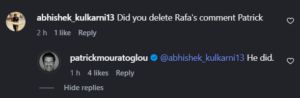 Patrick Mouratoglou's comment on Instagram