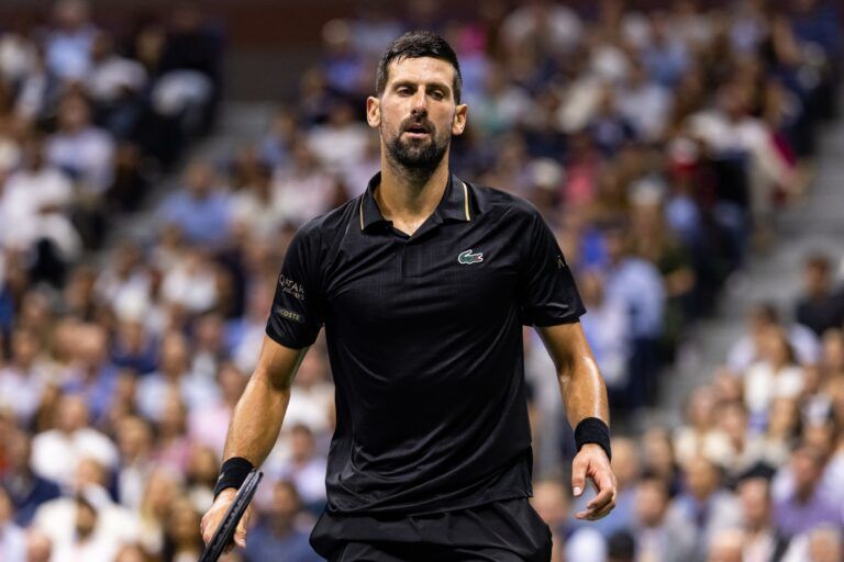 Novak Djokovic of Serbia in action against Taylor Fritz of the United States in the quarterfinal of the men’s singles at the US Open at Arthur Ashe Stadium in Billie Jean King National Tennis Center.