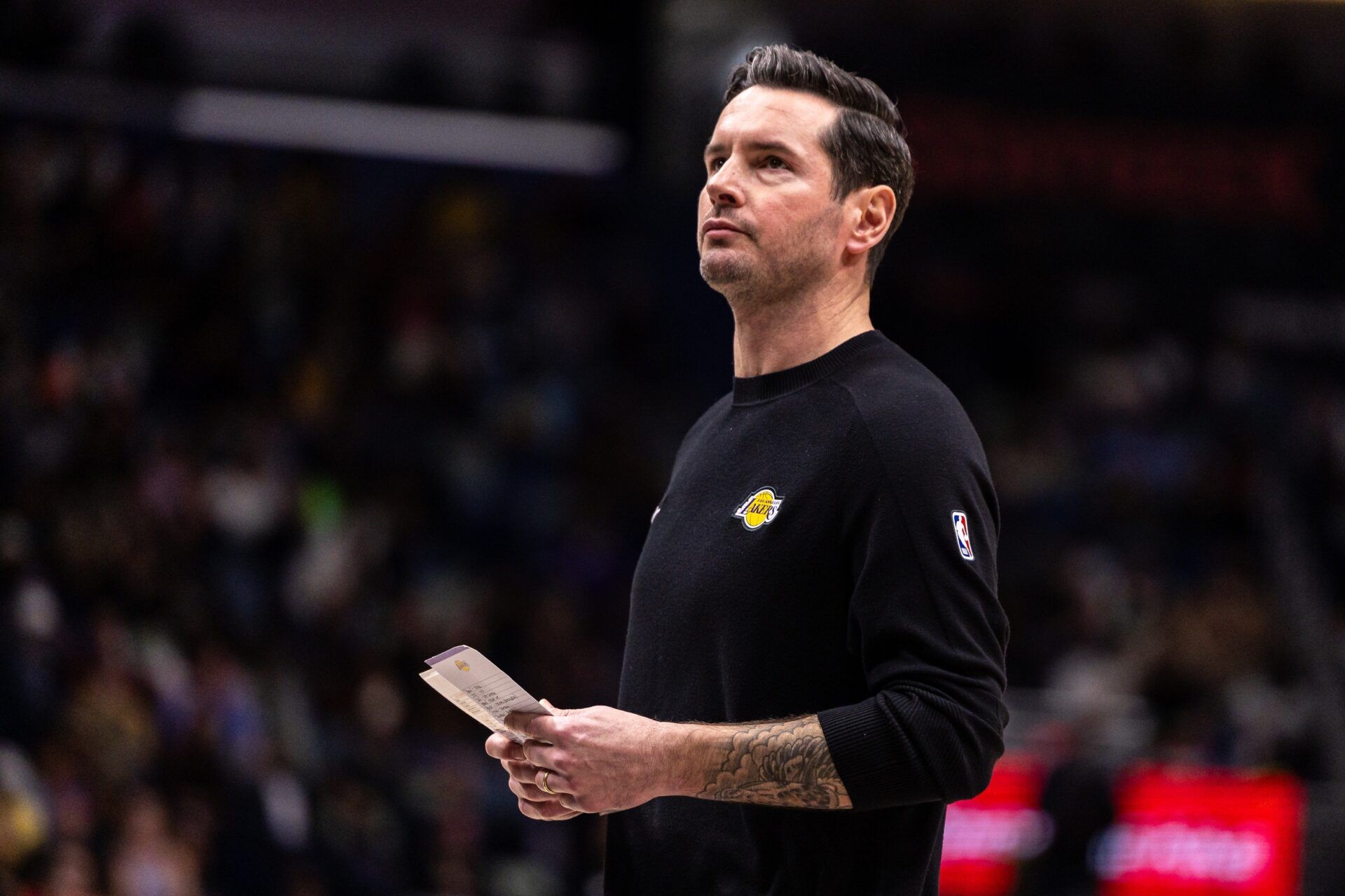Los Angeles Lakers Head Coach JJ Redick looks on against the New Orleans Pelicans during the second half at Smoothie King Center.