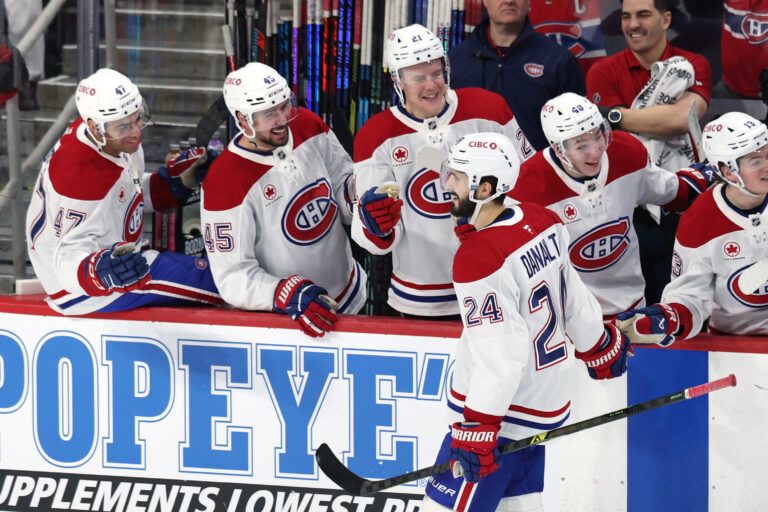 Montreal Canadiens center Phillip Danault (24) celebrates a goal against the Winnipeg Jets in the third period at Canada Life Centre.