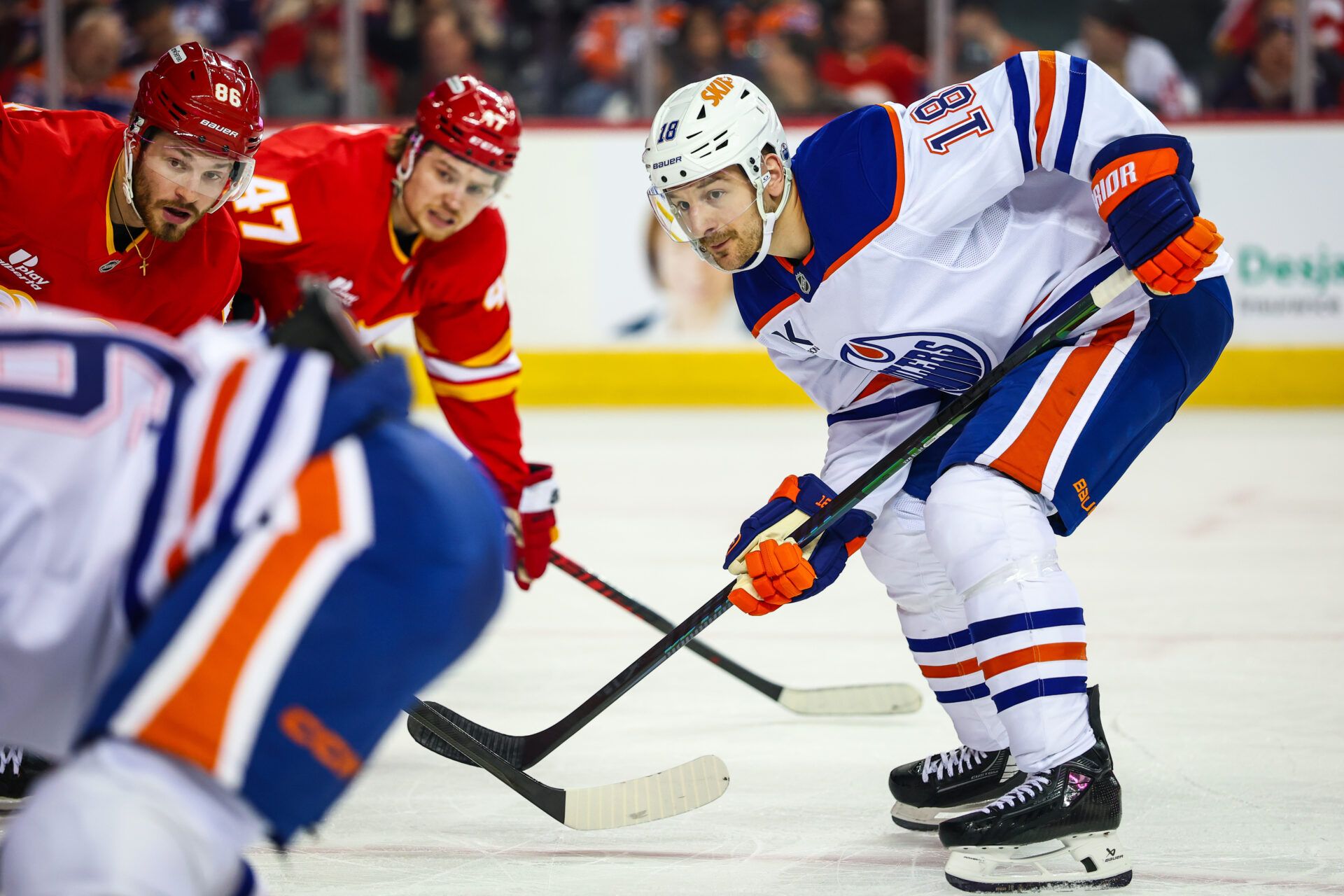 Edmonton Oilers left wing Zach Hyman (18) against the Calgary Flames during the first period at Scotiabank Saddledome.
