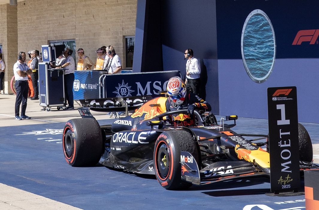 Oracle Red Bull Racing driver Max Verstappen (1) of Team Netherlands gets out of his car in the winners circle at Circuit of The Americas Austin.