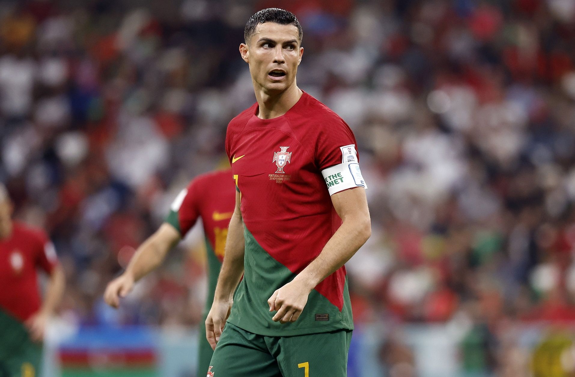 Portugal forward Cristiano Ronaldo (7) against Uruguay during the second half of the group stage match in the 2022 World Cup at Lusail Stadium.