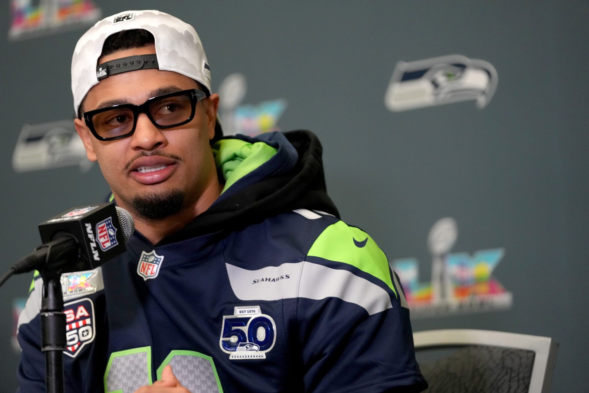 Seattle Seahawks wide receiver Jaxon Smith-Njigba (11) speaks to the media at the San Jose Convention Center.
