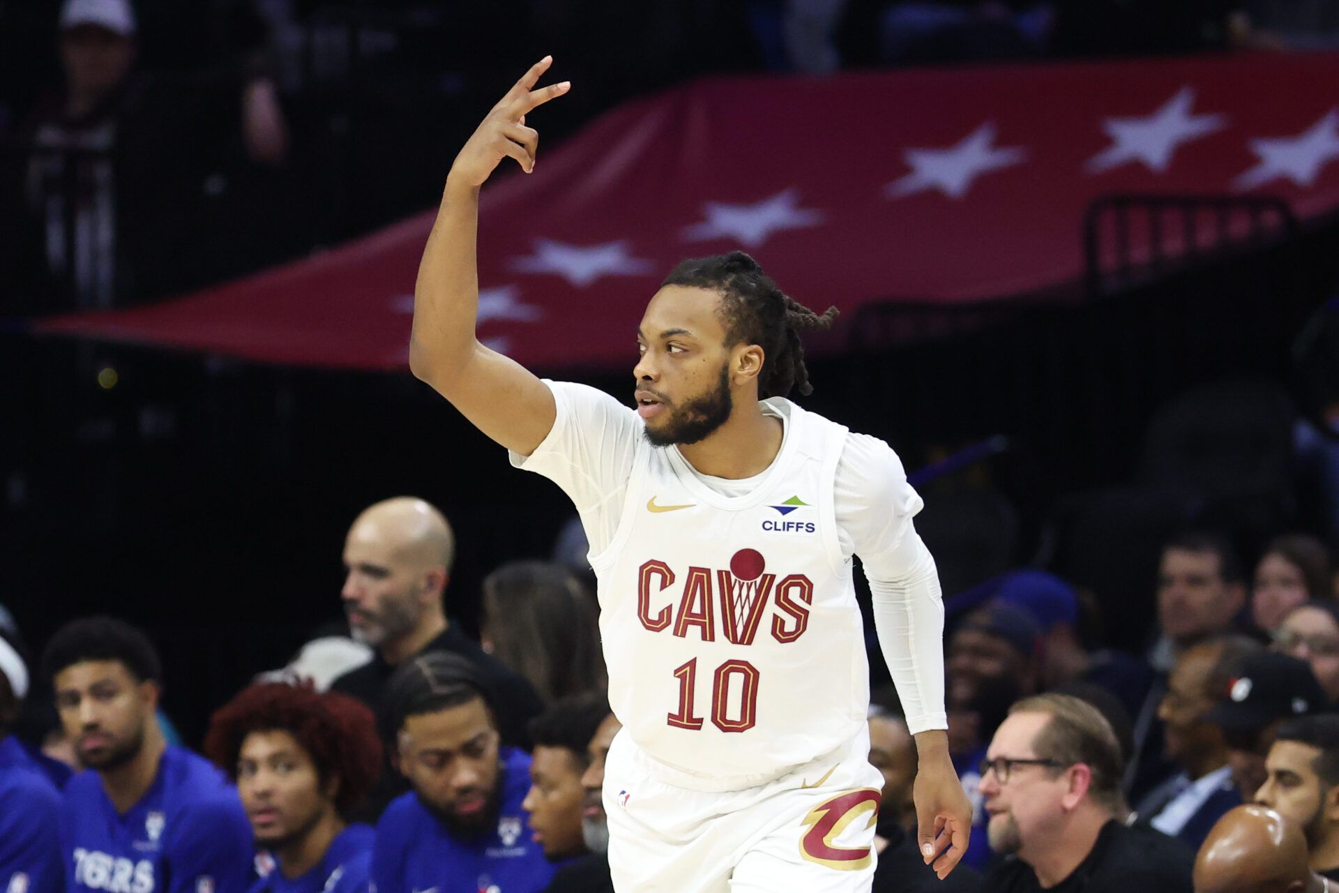 Cleveland Cavaliers guard Darius Garland (10) reacts to his three pointer against the Philadelphia 76ers during the first quarter at Xfinity Mobile Arena.