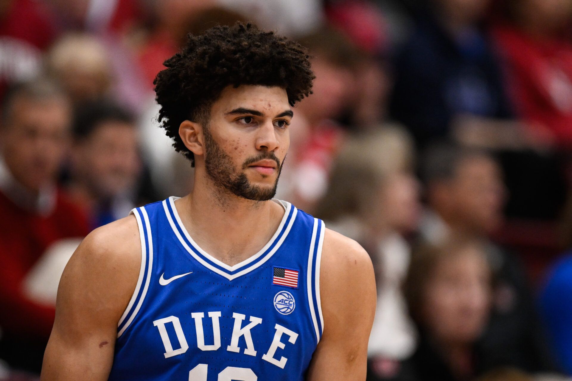 Duke Blue Devils forward Cameron Boozer (12) looks on against the Stanford Cardinal in the first half at Maples Pavilion.