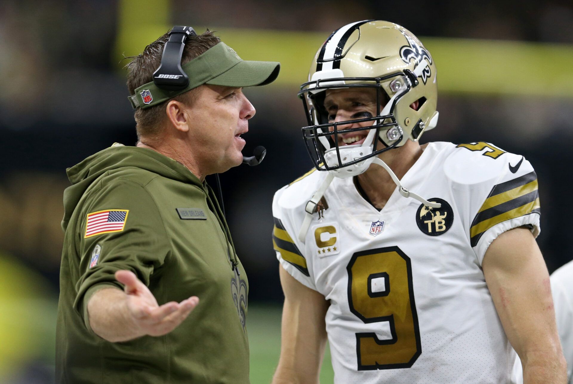 New Orleans Saints head coach Sean Payton and quarterback Drew Brees (9) on the sidelines in the fourth quarter against the Philadelphia Eagles at the Mercedes-Benz Superdome. The Saints won, 48-7.