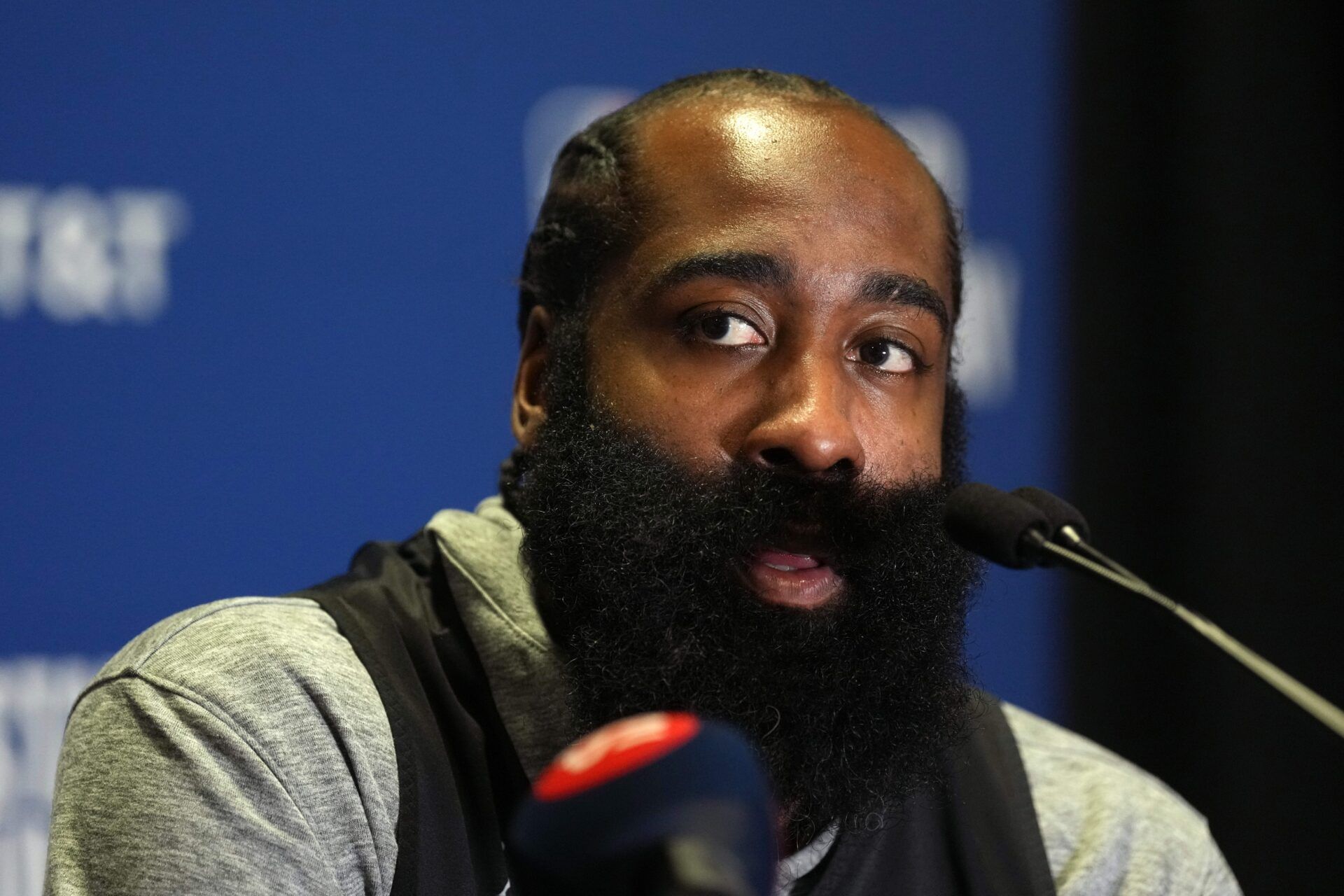 Shaq’s OGs guard James Harden (1) of the LA Clippers talks to media members during the NBA All Star-Practice at Oakland Arena.