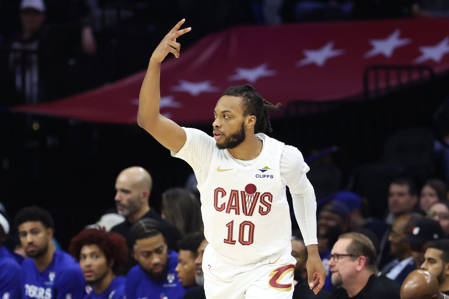 Cleveland Cavaliers guard Darius Garland (10) reacts to his three pointer against the Philadelphia 76ers during the first quarter at Xfinity Mobile Arena.