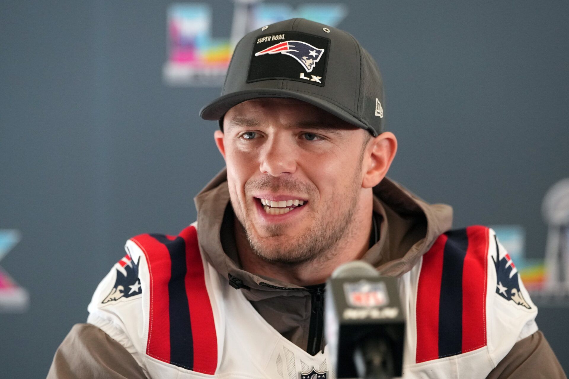 New England Patriots linebacker Robert Spillane (14) talks to media members at the Santa Clara Marriott.