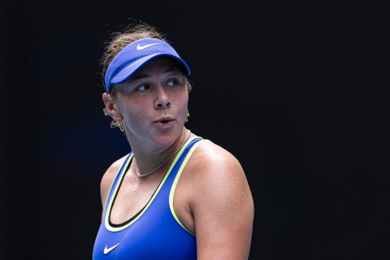 Amanda Anisimova of United States in action against Jessica Pegula of United States in the quarterfinals of the women’s singles at the Australian Open at Rod Laver Arena in Melbourne Park.