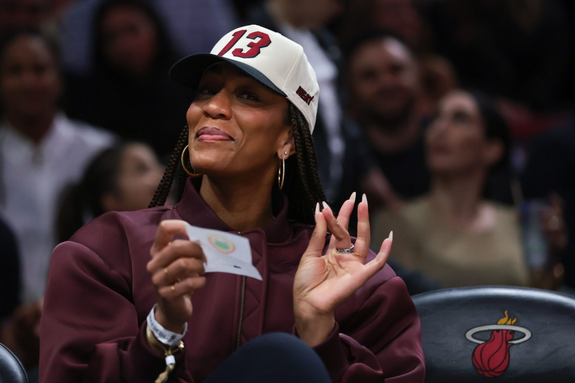 Las Vegas Aces center  A'ja Wilson attends the game between the Miami Heat and the Denver Nuggets at Kaseya Center.